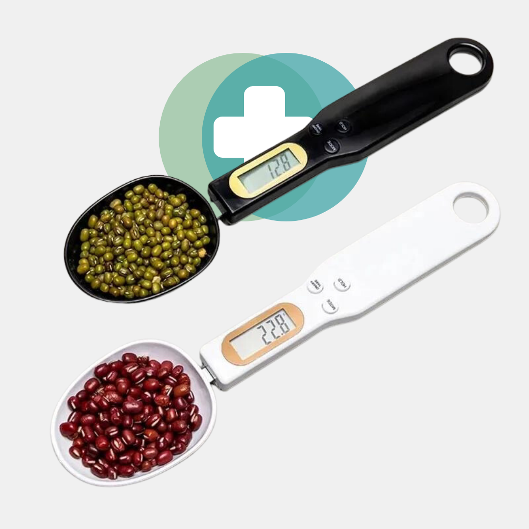 High-precision Digital Scale Measuring Spoon in white, featuring an LCD display for accurate measurement of food ingredients, ideal for both cooking and baking in a modern kitchen
