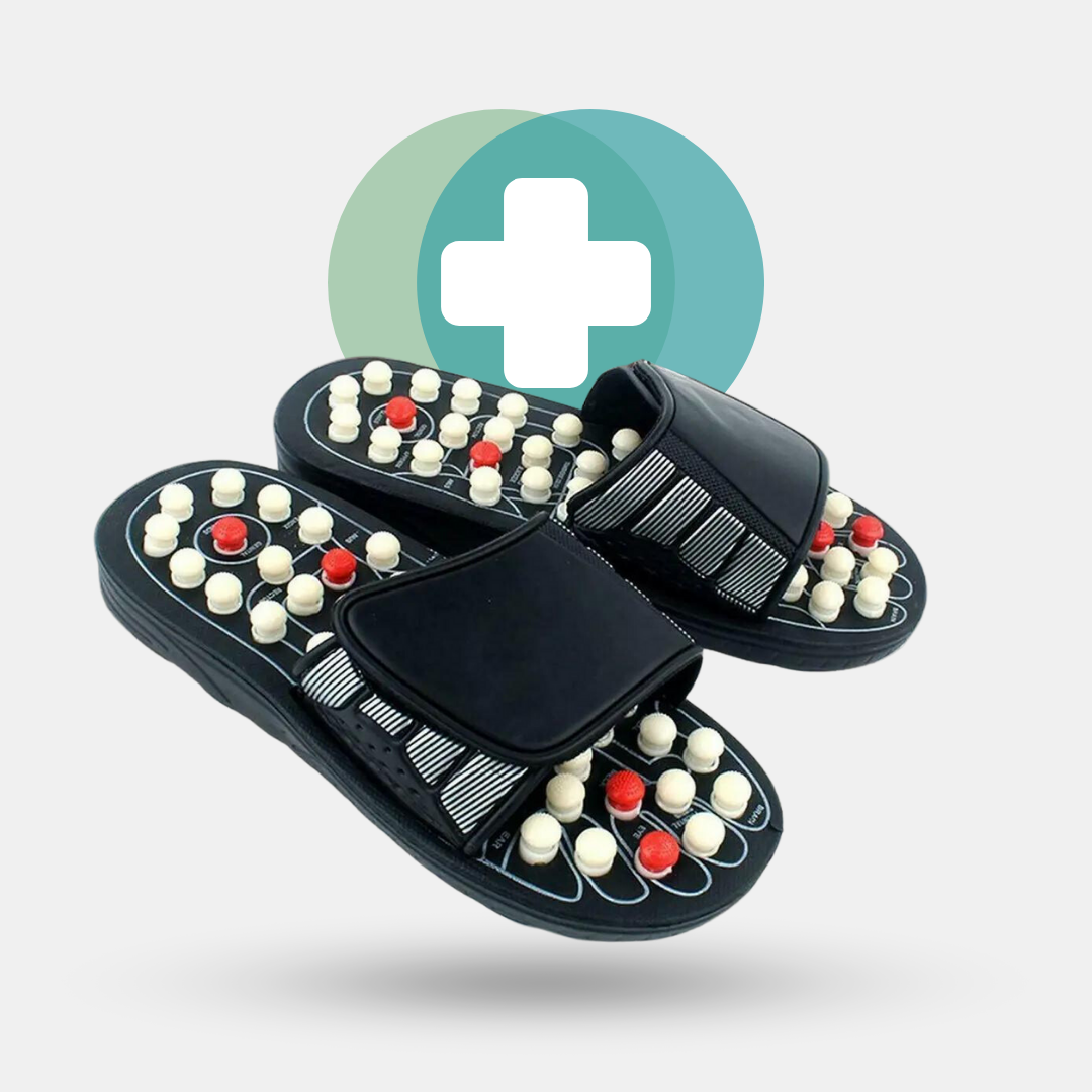 ReflexiStep Slippers featuring acupressure nodes for health benefits, designed to promote better sleep, alleviate pain, and improve blood circulation, suitable for stress relief and overall foot health