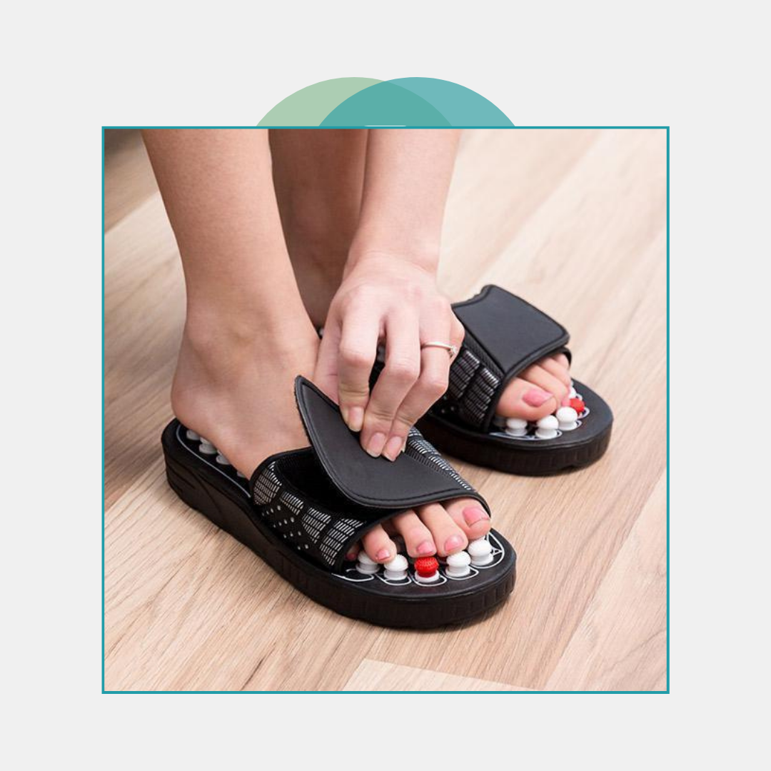 ReflexiStep Slippers featuring acupressure nodes for health benefits, designed to promote better sleep, alleviate pain, and improve blood circulation, suitable for stress relief and overall foot health