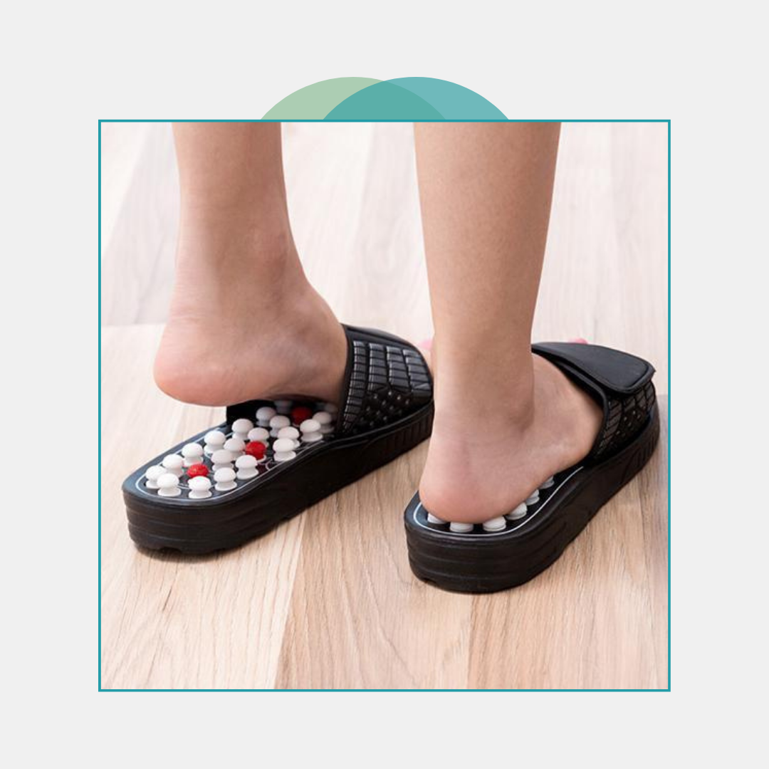 ReflexiStep Slippers featuring acupressure nodes for health benefits, designed to promote better sleep, alleviate pain, and improve blood circulation, suitable for stress relief and overall foot health