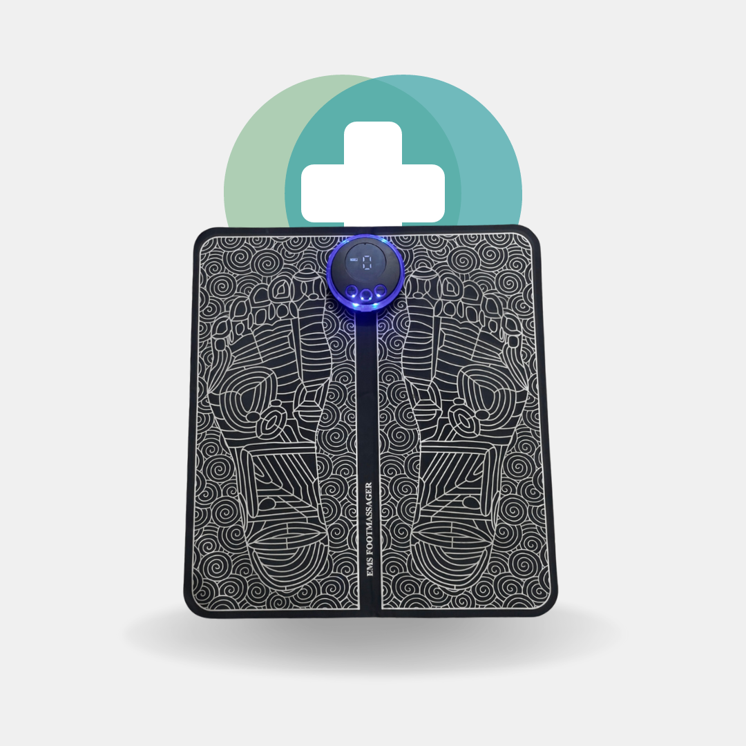 EMS Foot Massager featuring advanced TENS electrostimulator technology for effective pain relief and muscle stimulation. The electric massage mat is designed for comfort and ease of use, promoting enhanced blood circulation and relaxation. Ideal for relieving foot pain and stress, it's portable and convenient for home or office use