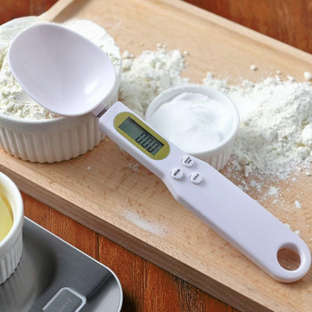 High-precision Digital Scale Measuring Spoon in white, featuring an LCD display for accurate measurement of food ingredients, ideal for both cooking and baking in a modern kitchen