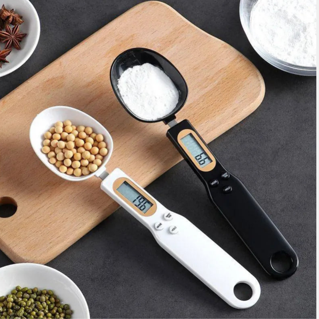 High-precision Digital Scale Measuring Spoon in white, featuring an LCD display for accurate measurement of food ingredients, ideal for both cooking and baking in a modern kitchen