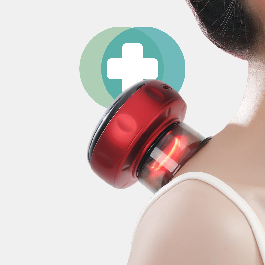 Electric cupping therapy massager WellCup™ with adjustable suction intensity and infrared enhancement for deep muscle relaxation and stress reduction. Compact, portable design suitable for various body areas