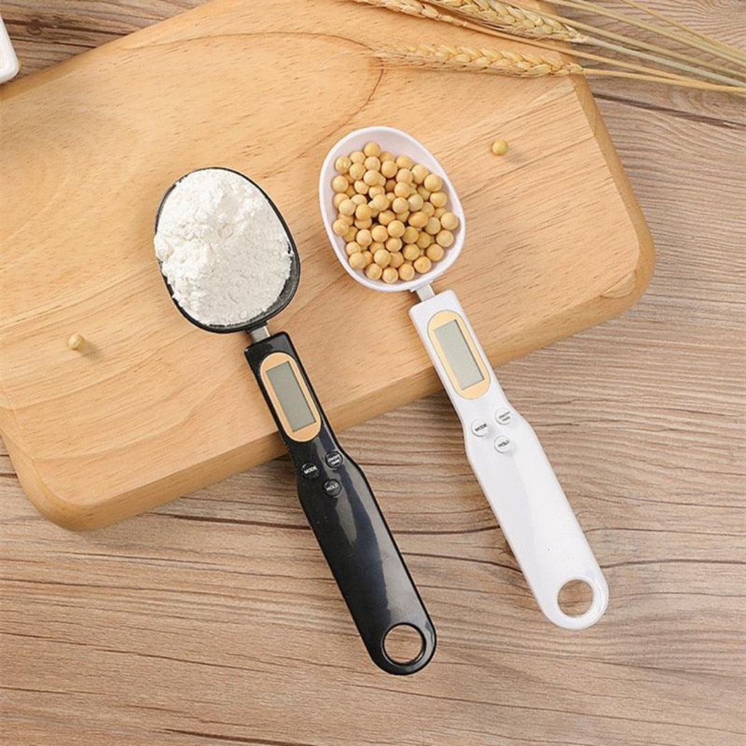 High-precision Digital Scale Measuring Spoon in white, featuring an LCD display for accurate measurement of food ingredients, ideal for both cooking and baking in a modern kitchen