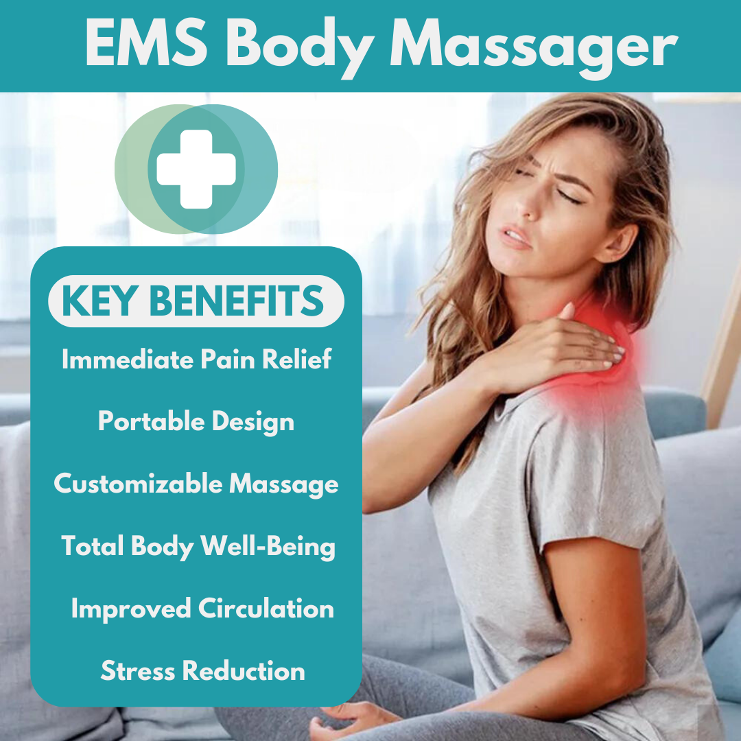 Compact and versatile EMS Body Massager, suitable for neck, back, and leg pain relief. Features include adjustable intensity, portable design, and easy-to-use interface, ideal for muscle relaxation and targeted pain therapy