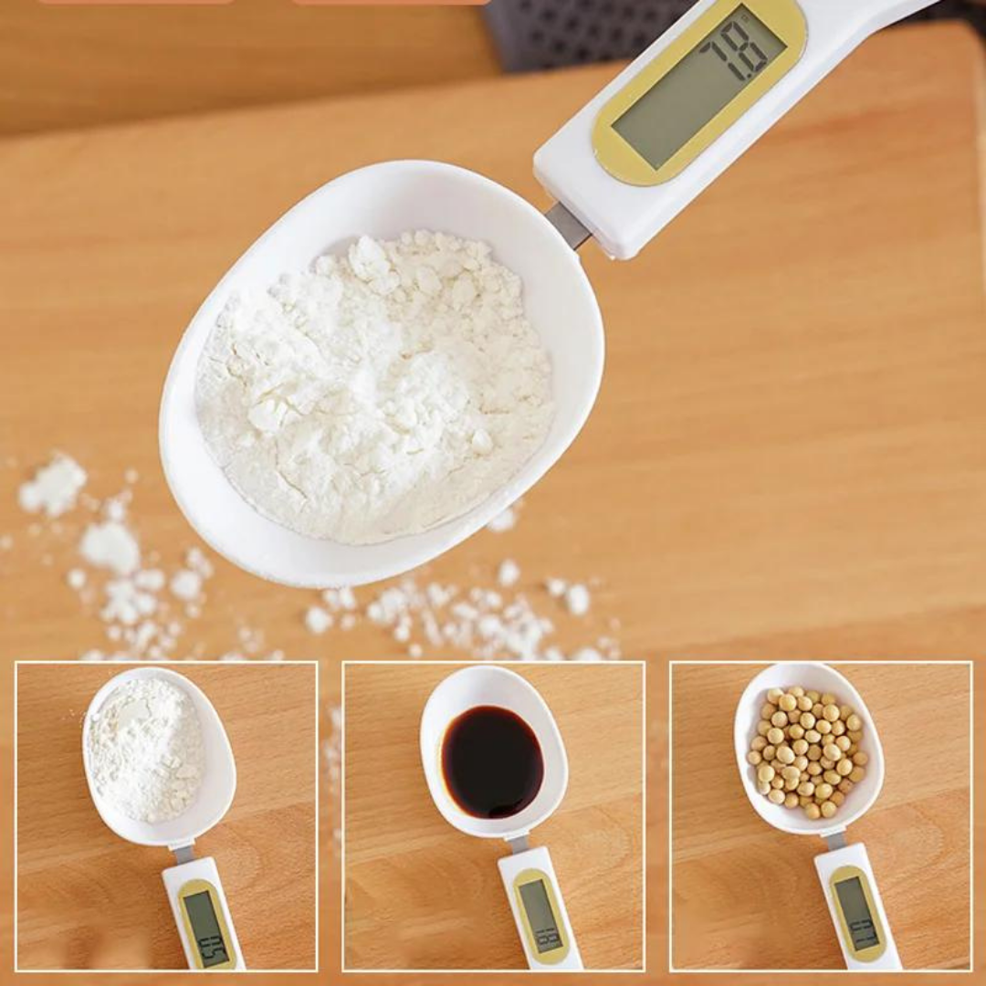 High-precision Digital Scale Measuring Spoon in white, featuring an LCD display for accurate measurement of food ingredients, ideal for both cooking and baking in a modern kitchen