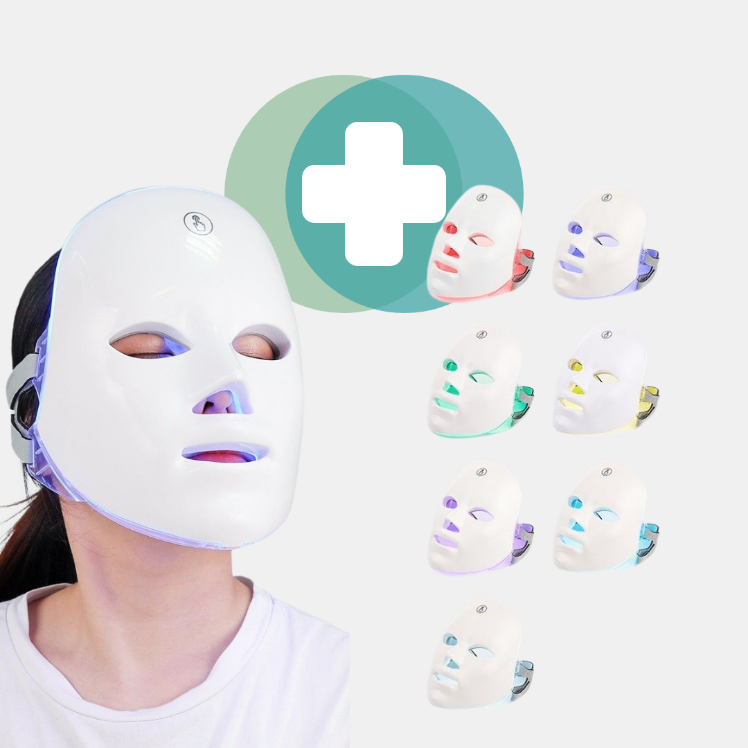 LuminaGlow LED Facial Mask with seven-color photon therapy, featuring rechargeable functionality and near-infrared technology for diverse skin treatments including anti-acne, anti-aging, and skin brightening