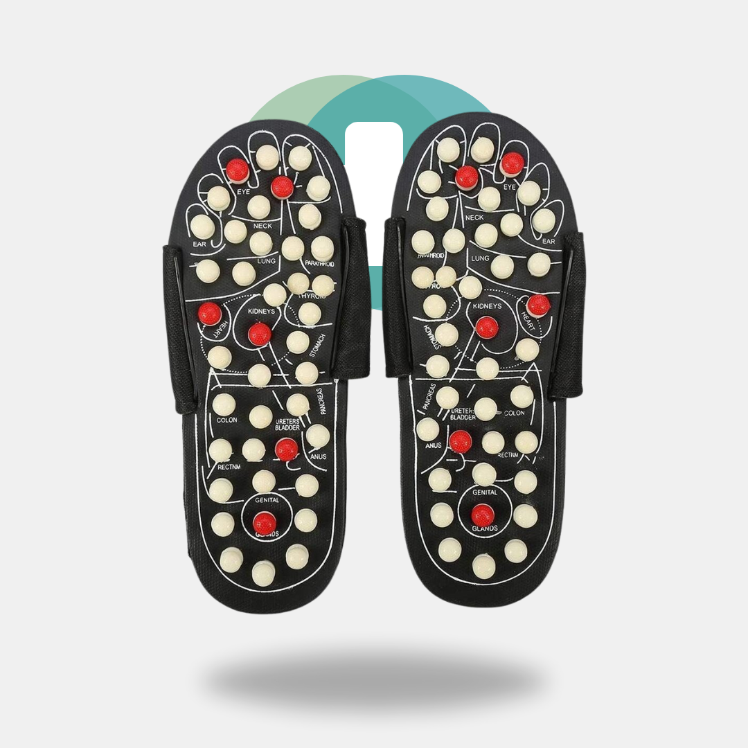 ReflexiStep Slippers featuring acupressure nodes for health benefits, designed to promote better sleep, alleviate pain, and improve blood circulation, suitable for stress relief and overall foot health