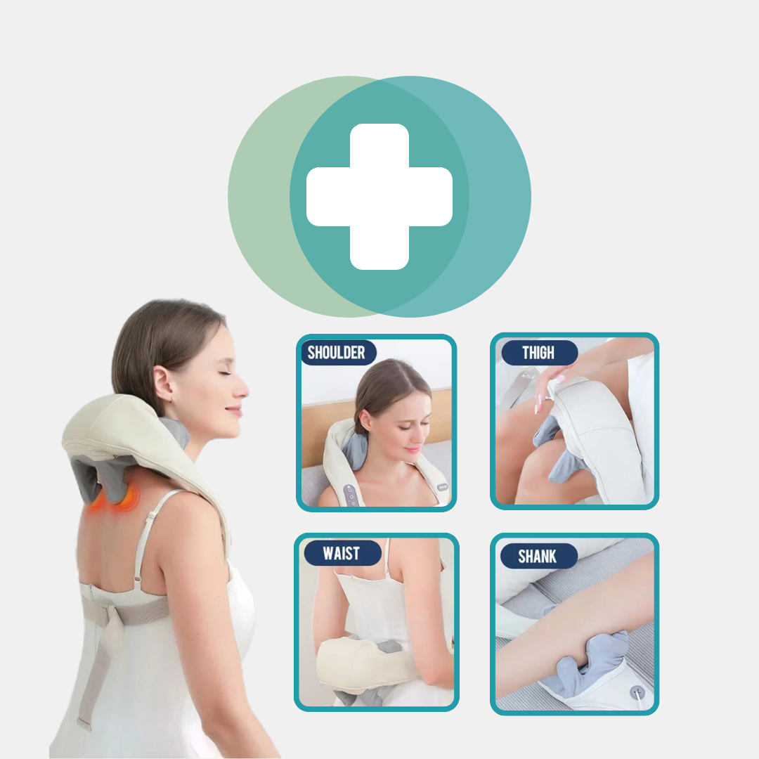"SerenityPro Wireless Massage Shawl, designed for neck, shoulder, and back relaxation, featuring customizable massage settings, eco-friendly materials, and portable design for stress relief and muscle relaxation