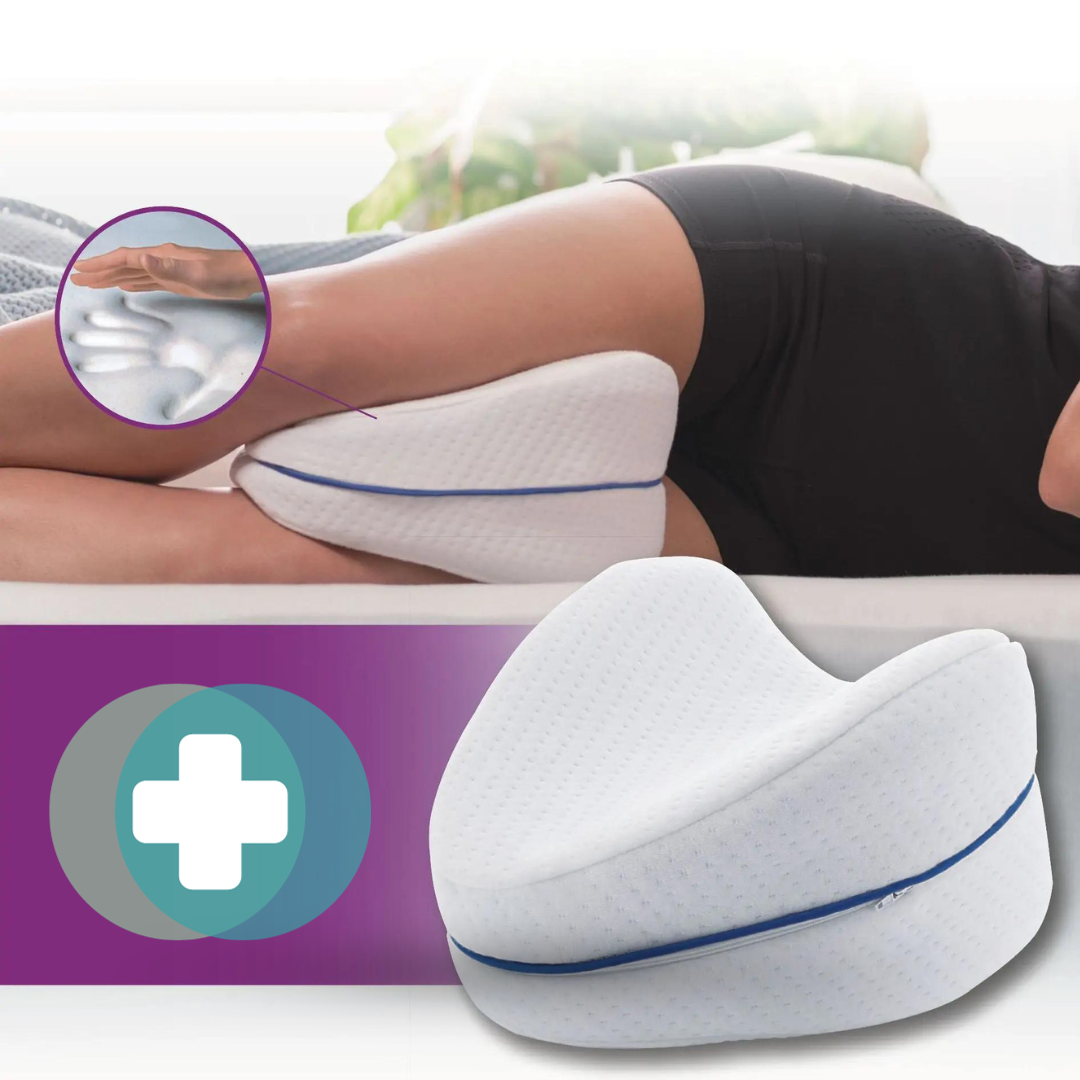 LegComfort Pillow crafted from memory foam, designed for orthopedic support and pain relief in knees, hips, and back, featuring a unique heart shape, breathable fabric, and non-slip design for optimal sleeping comfort