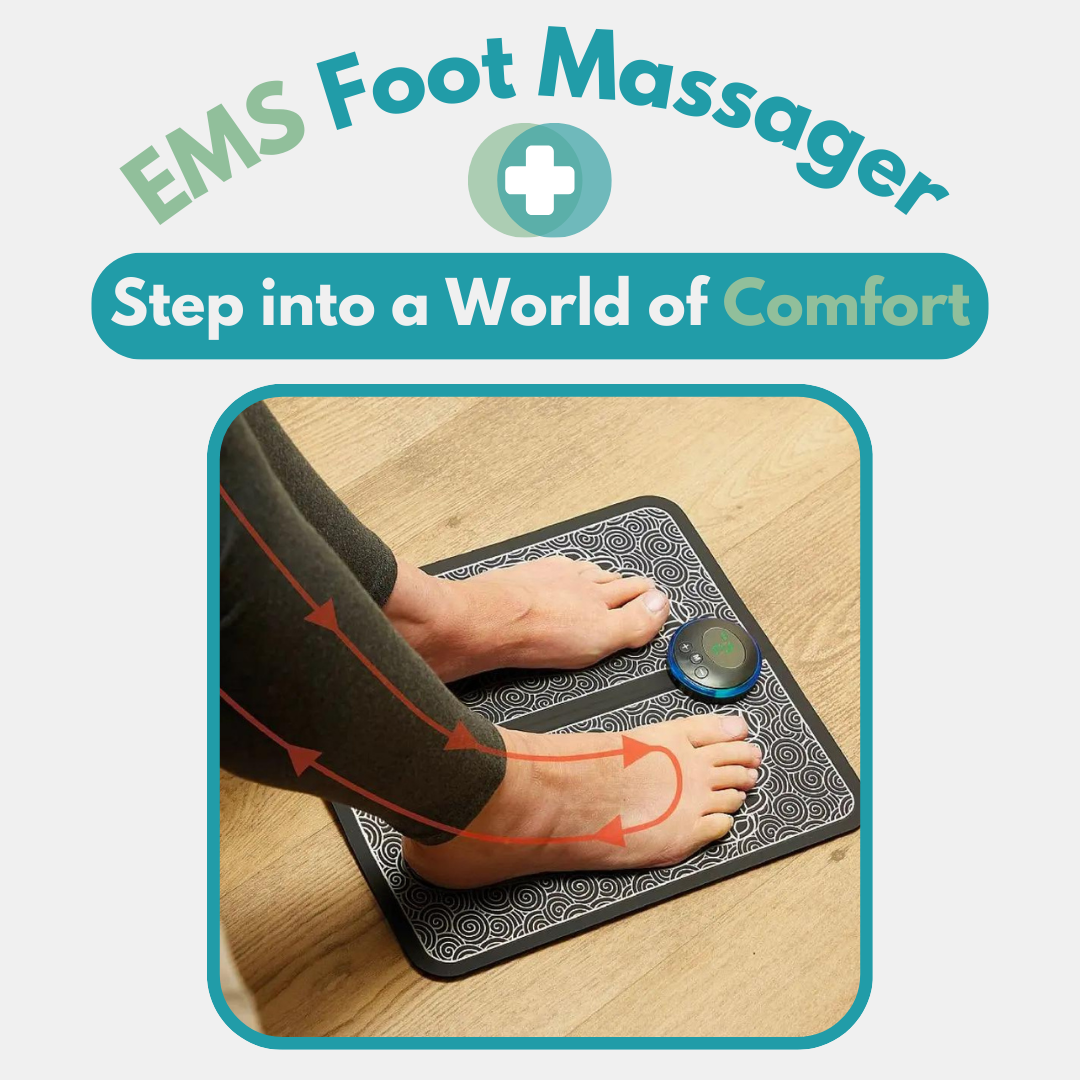 EMS Foot Massager featuring advanced TENS electrostimulator technology for effective pain relief and muscle stimulation. The electric massage mat is designed for comfort and ease of use, promoting enhanced blood circulation and relaxation. Ideal for relieving foot pain and stress, it's portable and convenient for home or office use