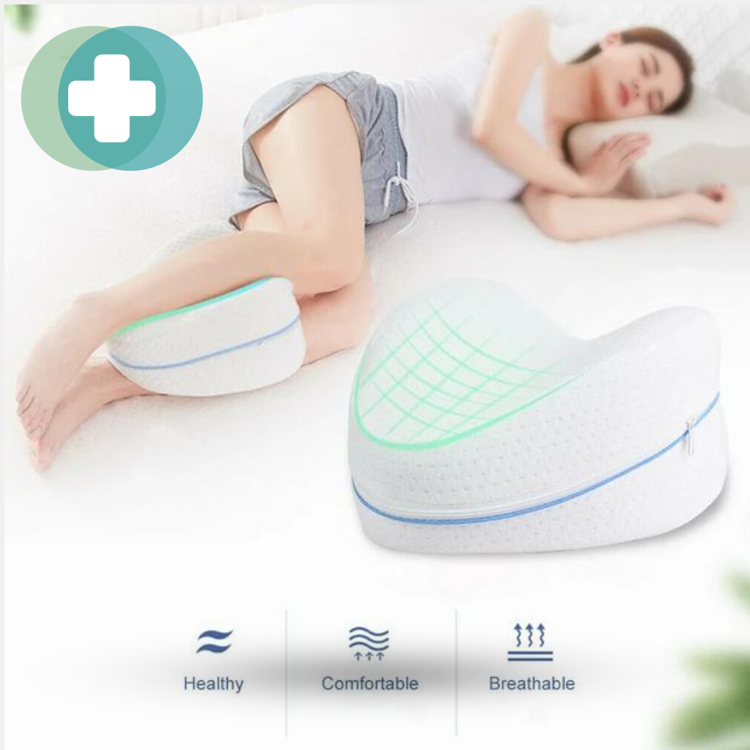 LegComfort Pillow crafted from memory foam, designed for orthopedic support and pain relief in knees, hips, and back, featuring a unique heart shape, breathable fabric, and non-slip design for optimal sleeping comfort