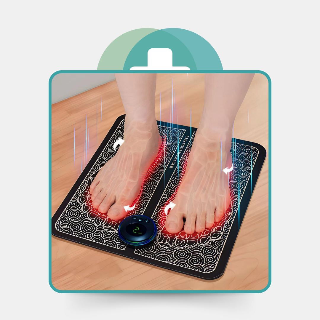 EMS Foot Massager featuring advanced TENS electrostimulator technology for effective pain relief and muscle stimulation. The electric massage mat is designed for comfort and ease of use, promoting enhanced blood circulation and relaxation. Ideal for relieving foot pain and stress, it's portable and convenient for home or office use