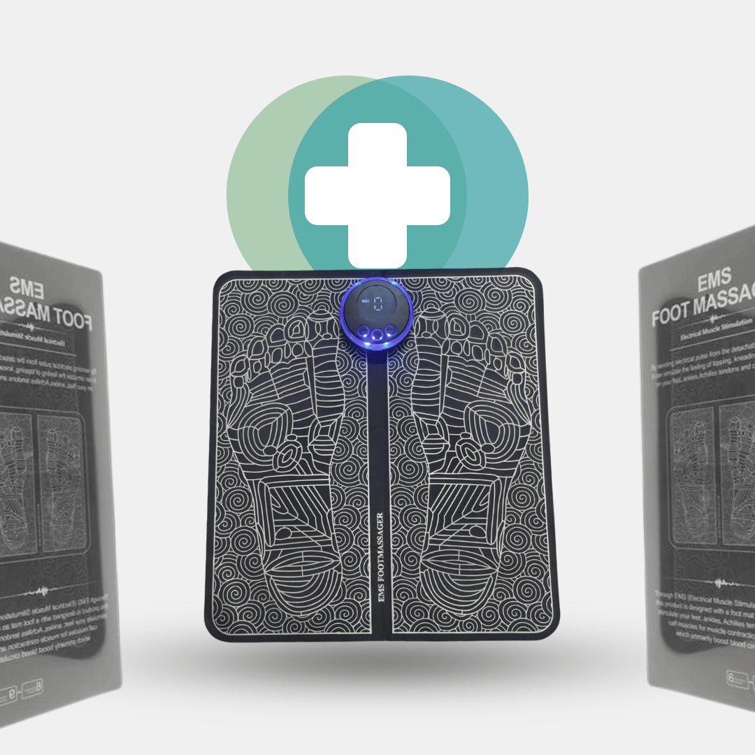 EMS Foot Massager - Electric Massage Mat for Pain Relief and Improved Circulation - Person using EMS Foot Massager for relaxing foot therapy at home.Detailed view of EMS Foot Massager sh