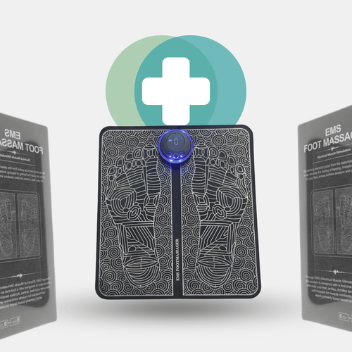 EMS Foot Massager - Electric Massage Mat for Pain Relief and Improved Circulation - Person using EMS Foot Massager for relaxing foot therapy at home.Detailed view of EMS Foot Massager sh