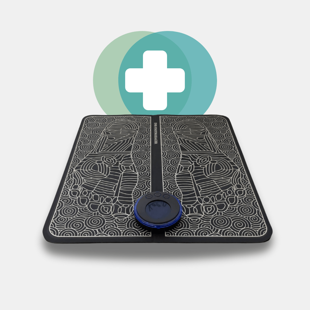 EMS Foot Massager - Electric Massage Mat for Pain Relief and Improved Circulation - Person using EMS Foot Massager for relaxing foot therapy at home.Detailed view of EMS Foot Massager sh