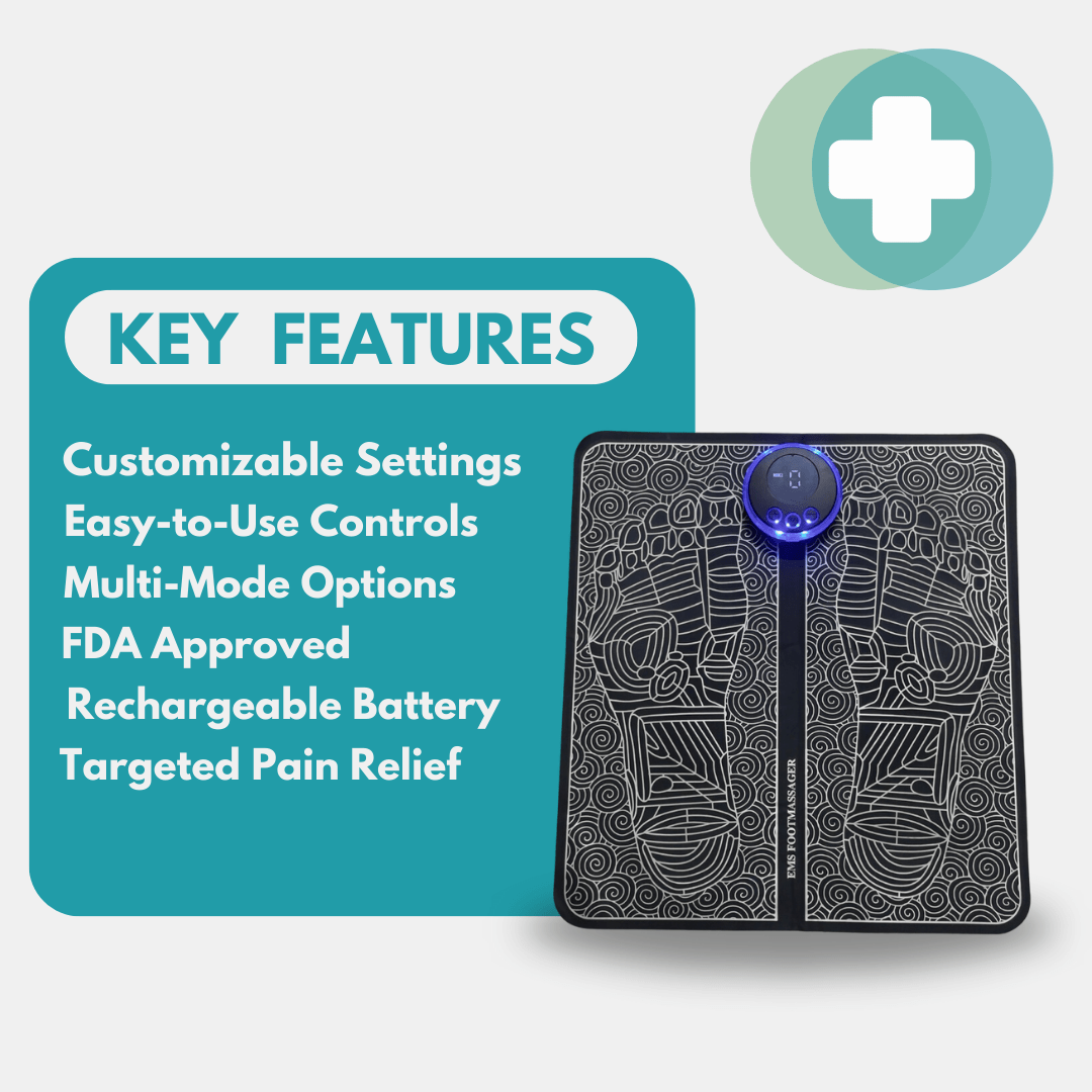 EMS Foot Massager - Electric Massage Mat for Pain Relief and Improved Circulation - Person using EMS Foot Massager for relaxing foot therapy at home.Detailed view of EMS Foot Massager sh