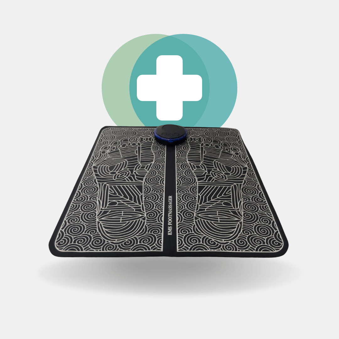 EMS Foot Massager - Electric Massage Mat for Pain Relief and Improved Circulation - Person using EMS Foot Massager for relaxing foot therapy at home.Detailed view of EMS Foot Massager sh