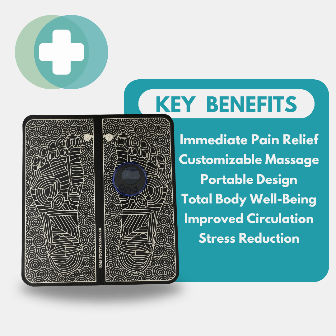 EMS Foot Massager - Electric Massage Mat for Pain Relief and Improved Circulation - Person using EMS Foot Massager for relaxing foot therapy at home.Detailed view of EMS Foot Massager sh