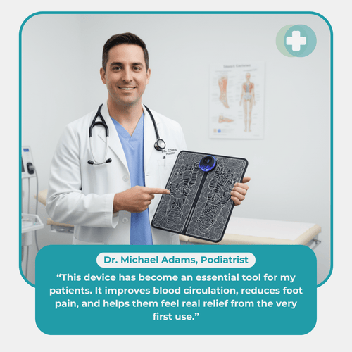 EMS Foot Massager - Electric Massage Mat for Pain Relief and Improved Circulation - Person using EMS Foot Massager for relaxing foot therapy at home.Detailed view of EMS Foot Massager sh