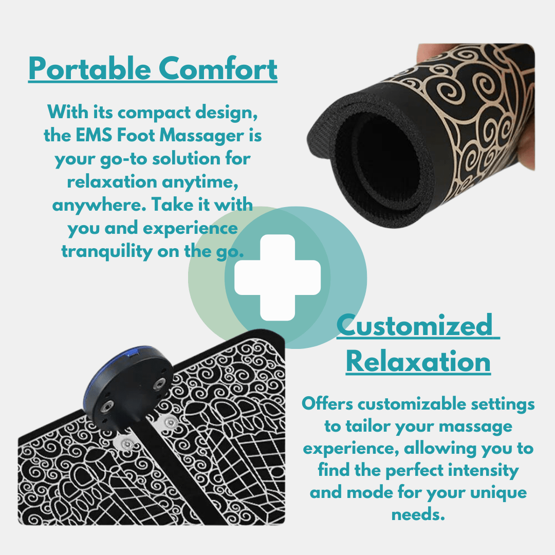 EMS Foot Massager - Electric Massage Mat for Pain Relief and Improved Circulation - Person using EMS Foot Massager for relaxing foot therapy at home.Detailed view of EMS Foot Massager sh