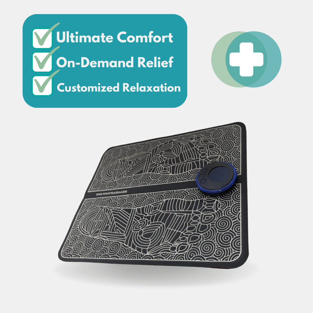 EMS Foot Massager - Electric Massage Mat for Pain Relief and Improved Circulation - Person using EMS Foot Massager for relaxing foot therapy at home.Detailed view of EMS Foot Massager sh