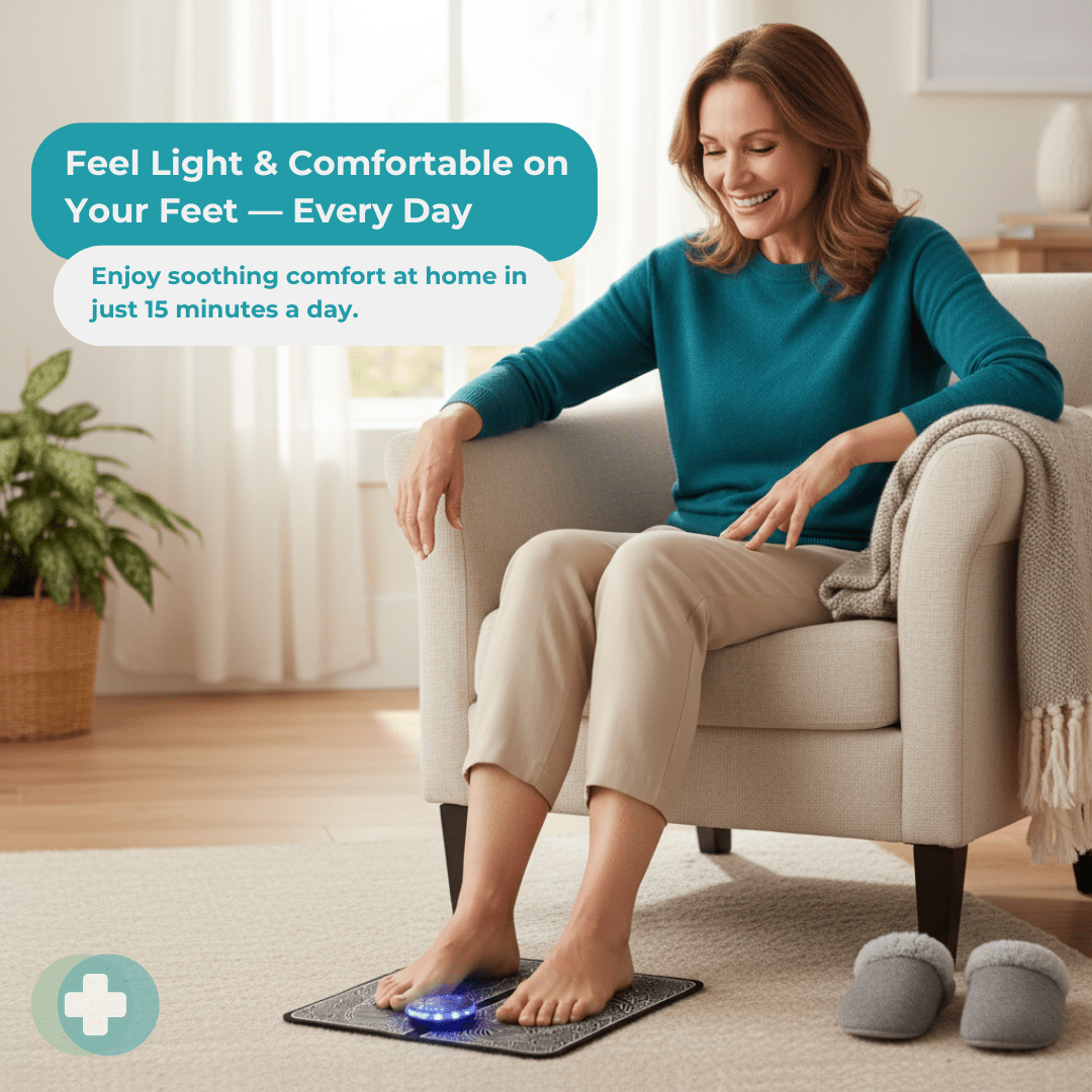 EMS Foot Massager - Electric Massage Mat for Pain Relief and Improved Circulation - Person using EMS Foot Massager for relaxing foot therapy at home.Detailed view of EMS Foot Massager sh